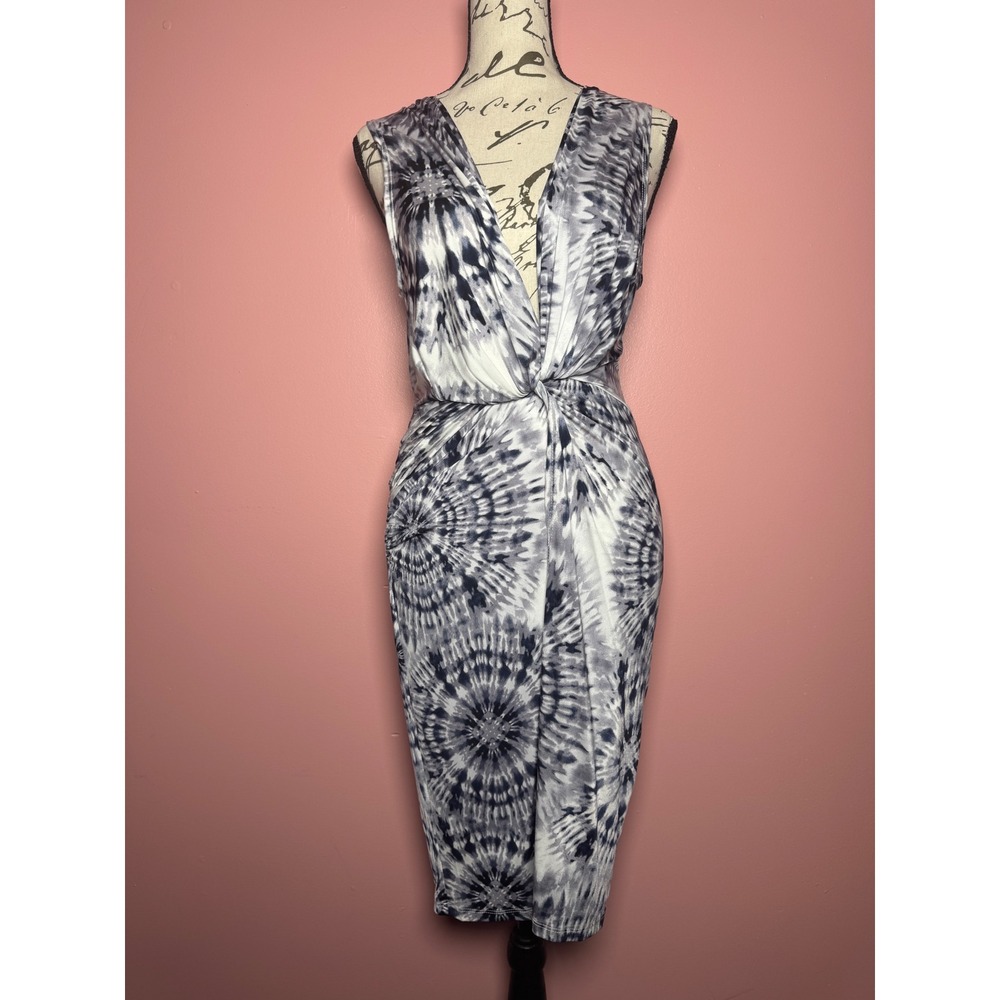 Vintage Codigo Womens Black‎ White Tie Dye Twist Front V-Neck Midi Dress Size M